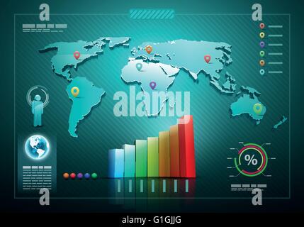 L'infographie et la graphique d'information. Carte du monde 3D de vecteur illustration et infographie modèle. Illustration de Vecteur