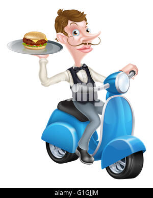 Une illustration d'un dessin animé Garçon sur cyclomoteur Scooter Holding Burger Banque D'Images