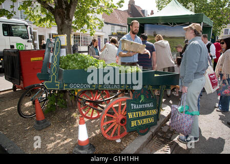 Alresford, UK. 15 mai, 2016. Bottes de cresson sur un vieux panier dans le centre-ville de Newcastle. Célébrer le 12e Festival de cresson dans ce Hampshire ville marchande. Banque D'Images