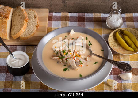 Soupe de poulet roumain nommé Ciorba Radauteana on plate Banque D'Images