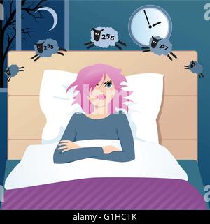 Cute funny cartoon girl avec insomnie couché dans un lit la nuit, compter les moutons, en essayant de s'endormir Illustration de Vecteur