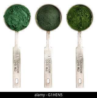 Organique riche en éléments nutritifs algues bleu-vert, la chlorella et la spiruline poudre - mesure isolés metal c. à table, vue du dessus Banque D'Images