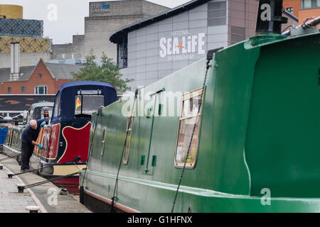 Un homme nettoie le grand classique sur l'ancienne ligne du canal de Birmingham, à proximité du centre-ville et près de National Sea Life, la CCI et B Banque D'Images