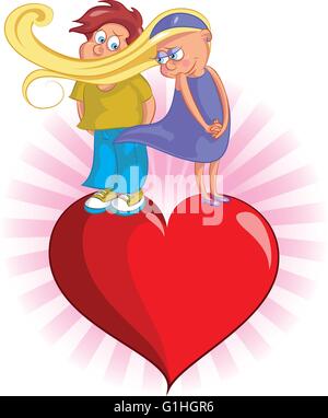 Vector illustration de garçon et fille debout sur forme de coeur brillant Illustration de Vecteur