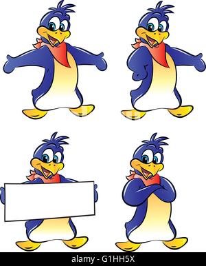 Vector illustration d'un personnage cartoon penguin dans diverses poses et tenant une pancarte vierge Illustration de Vecteur