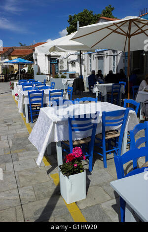Pélargonium (famille des Géraniacées) plante décorant les rangées de tables de restaurant vide avec des chaises bleues.front de mer,Myrina Limnos Banque D'Images