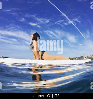 Woman doing yoga (cobra) sur l'océan en surfboard Banque D'Images