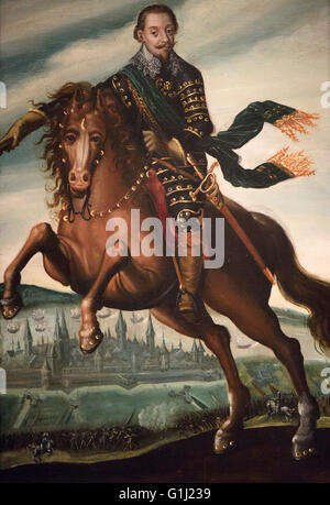 Jacob van der Heyden (1573-1645), le Roi Gustave Adolphe de Suède (1594-1632) à cheval à la bataille de Stralsund (1628) Banque D'Images