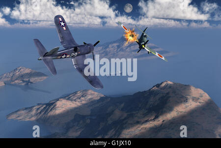 Un Américain Corsair attaquer un chasseur japonais Nakajima. Banque D'Images