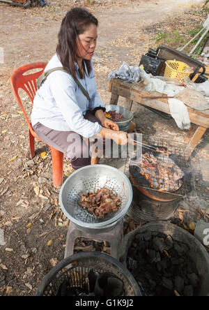 Vente de forfaits de rats femelles au barbecue sur une route dans le Nord de la Thaïlande comme snack food Banque D'Images