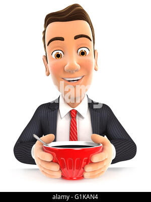 Homme d 3d de boire une tasse de café, isolé sur fond blanc Banque D'Images