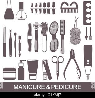 Soins et Beauté manucure et pédicure silhouette vecteur outils et produits icons set Illustration de Vecteur