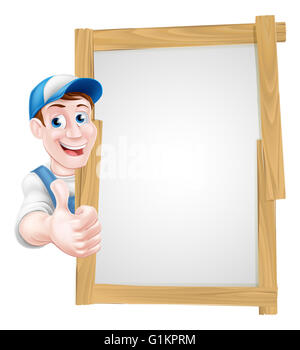 Un dessin animé, plombier, mécanicien, bricoleur ou jardinier décorateur leaning autour d'un panneau et de donner un coup de pouce Banque D'Images