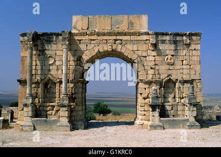 Maroc, Volubilis, ancienne cité romaine, arc de triomphe de Caracalla Banque D'Images