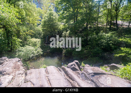 La vue depuis le haut de la cascade dans le sanctuaire naturel de Hallett, Central Park à New York le lundi 16 mai 2016. Fermé depuis 1934, le paysage naturel de 4 hectares au milieu de la ville est un sanctuaire d'oiseaux et sera ouverte pour un temps limité au public seulement 20 personnes entrant à la fois. Des centaines alignés pour être laissé en pour admirer le paysage. (© Richard B. Levine) Banque D'Images