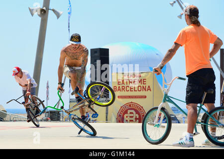 Barcelone - le 28 juin : un cavalier professionnel au BMX (bi-cross) à la concurrence Flatland LKXA Extreme Sports Barcelone. Banque D'Images