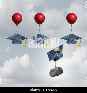 Défi de l'éducation et de la charge de la dette comme concept de l'école un groupe d'études supérieures ou mortarboards pac plus haut avec un naufrage pondéré par un rocher avec 3D illustration éléments. Banque D'Images