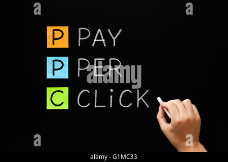 La main le salaire par Clic avec craie blanche sur un tableau noir. Concept de marketing PPC. Banque D'Images