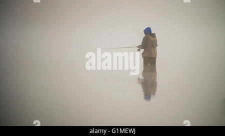 Pêcheur debout dans le fleuve Fraser à Poplar Bar à Glen Valley en Colombie-Britannique, Canada, le brouillard d'un matin d'octobre Banque D'Images