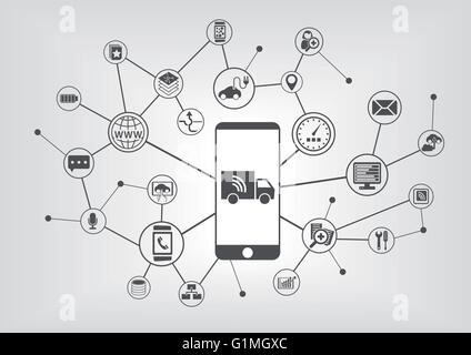 Les camions et la conduite autonome connecté infographie avec smart phone Illustration de Vecteur