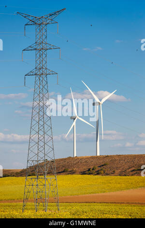 Lignes à haute tension et de l'énergie éolienne dans la campagne. La verticale Banque D'Images