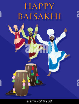 Une illustration d'une carte de souhaits célébration Punjabi avec tambours et danseurs sur fond violet Banque D'Images