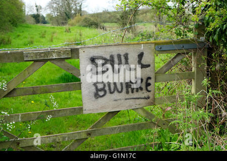 Méfiez-vous bull signe sur ferme, Norfolk, Angleterre Banque D'Images