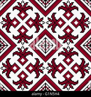 Ethnique ukrainien et géométrique broidery floral dans des tons de noir et rouge sur fond rose, la lumière modèle vectoriel continu Illustration de Vecteur