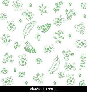 Les feuilles vertes et les insectes art doodle Illustration de Vecteur