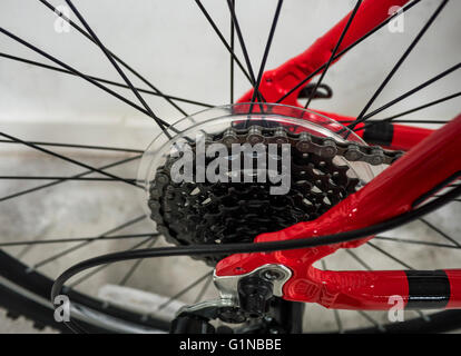 Un gros plan du bike pignons et chaîne sur un VTT ou un vélo rouge. Banque D'Images