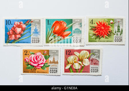 UZHGOROD, UKRAINE - circa 2016 MAI : Collection de timbres-poste imprimés en URSS, montre différentes fleurs, circa 1978 Banque D'Images