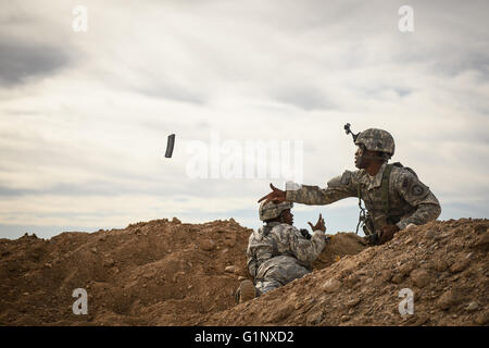 Fort Irwin, en Californie, USA. 6e août, 2015. Parachutistes de la 2e Brigade Combat Team, 82e Division aéroportée, garde l'aérodrome pendant l'Opération Dragon lance, une entrée par la force armée et de l'exercice démontrant les capacités de la Force aérienne, le jeudi, Août 6, 2015 à l'armée américaine Centre national de formation à Fort Irwin, ca. Ont déclaré que le scénario de formation n'était pas fondée sur un ennemi potentiel, mais ils ont reconnu des similitudes avec l'intervention militaire russe en Ukraine orientale. ''Dans mon esprit c'est aussi au sujet de la dissuasion, '' dit puis chef d'état-major des armées Raymon Banque D'Images