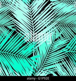 Schéma de répétition sans faille avec les silhouettes des feuilles de palmier en bleu et vert. Illustration de Vecteur