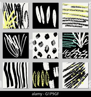 Un ensemble de compositions abstraites dessiné à la main en noir, crème et jaune fluo. Textiles modernes, cartes de vœux, affiches, papier d'emballage Illustration de Vecteur