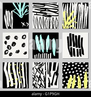 Un ensemble de compositions abstraites dessiné à la main en noir, crème et néon jaune et bleu. Textiles modernes, cartes de vœux, affiches, wrapp Illustration de Vecteur