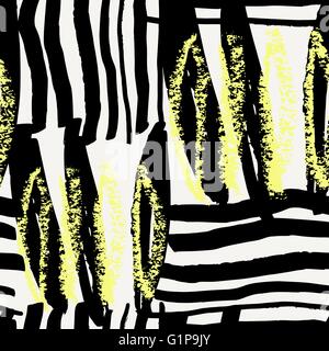 Hand drawn seamless abstract pattern en noir, crème et jaune fluo. Textiles modernes, cartes de vœux, affiches, papier d'emballage le desi Illustration de Vecteur