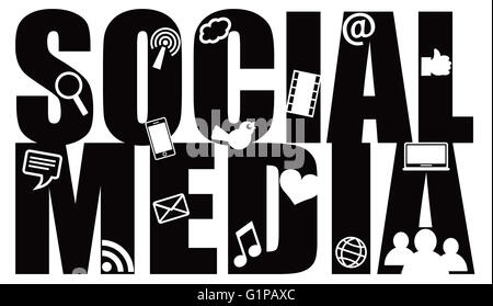 Texte Médias sociaux avec contour noir Symboles isolé sur fond blanc Banque D'Images