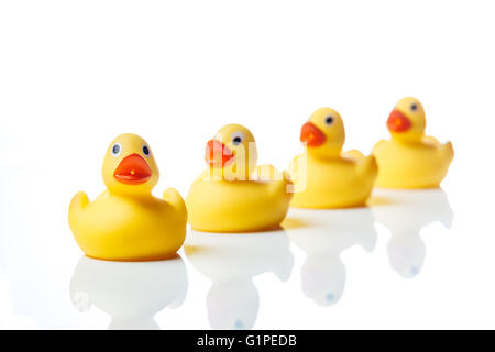 Groupe de quatre canards en caoutchouc, en plastique jaune echelle jouet pour enfants, isolé sur fond blanc avec la réflexion. Banque D'Images