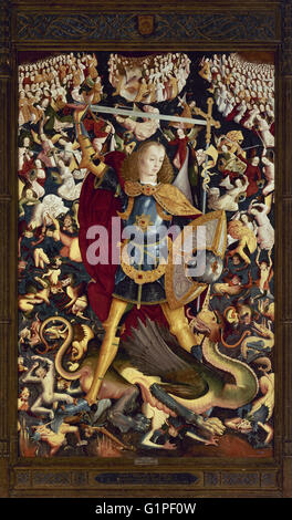 Saint Michel Archange. Par maître de Zafra. 1495-1500. Représentant l'Archange d'attaquer le dragon, symbole du péché. Dans la partie supérieure, des chœurs célestes, et sur l'arrière-plan, une lutte entre les bons anges et les rebelles. Musée du Prado. Madrid. L'Espagne. Banque D'Images