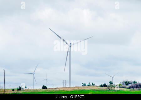 Éoliennes d'un champ de blé vert en premier plan dans l'Oklahoma, USA. Banque D'Images