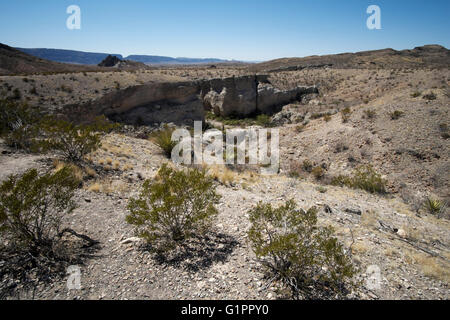 À l'ouest à travers le Canyon de tuf vers Mesa de Anguila et Santa Elena Canyon dans le parc national Big Bend, Texas. Banque D'Images