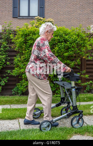 Femme âgée avec3903 / roues walker pratiquer la marche sur l'allée à la maison Banque D'Images