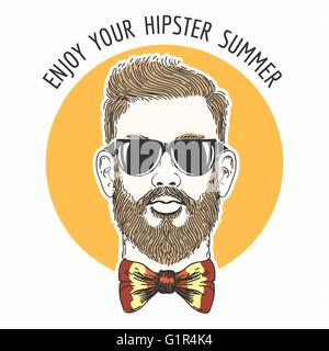 Hipster face avec lunettes, moustache et cheveux bowtie colorés contre sun circle et le libellé Profitez de votre été hippie. Illustration de Vecteur
