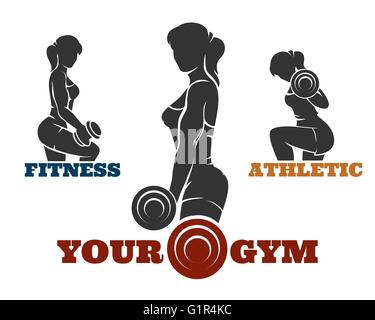 Sport et Fitness set logo. Les femmes sportives silhouettes. Club de remise en forme, exercices bodybuilder concept. Isolé sur fond blanc Illustration de Vecteur