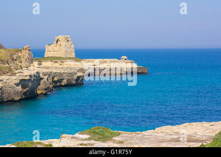 Falaises rocheuses sur la côte entre Roca et Torre dell'Orso dans Salento Banque D'Images