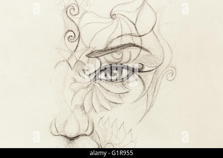 Mystic woman face à l'ornement floral. Dessin sur papier, le contact avec les yeux. Banque D'Images
