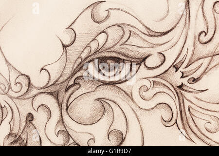 Mystic woman eye avec ornement floral. Dessin sur papier, effet de couleur. Contact avec les yeux. Banque D'Images