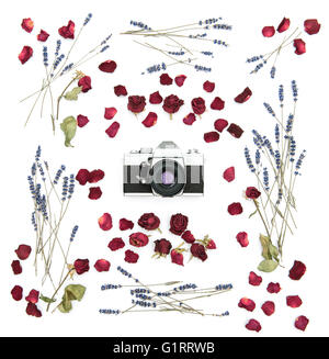 Vintage caméra. Floral frame avec des roses et des fleurs de lavande. Arrière-plan de mise à plat. Les plantes séchées Banque D'Images