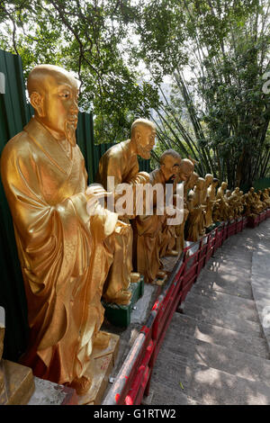 Lifesize, Chiffres dorés de l'Arhat, Sage bouddhiste, sur le chemin vers le monastère de 10 000 Bouddhas, Sha Tin, Nouveaux Territoires Banque D'Images