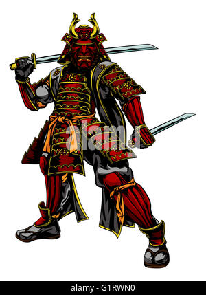 Une illustration d'un guerrier samouraï japonais debout et tenant deux épées Banque D'Images